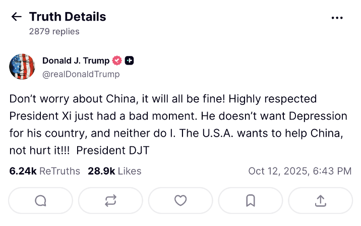Příspěvek Donalda Trumpa z Truth Social. Zdroj: Truth Social
